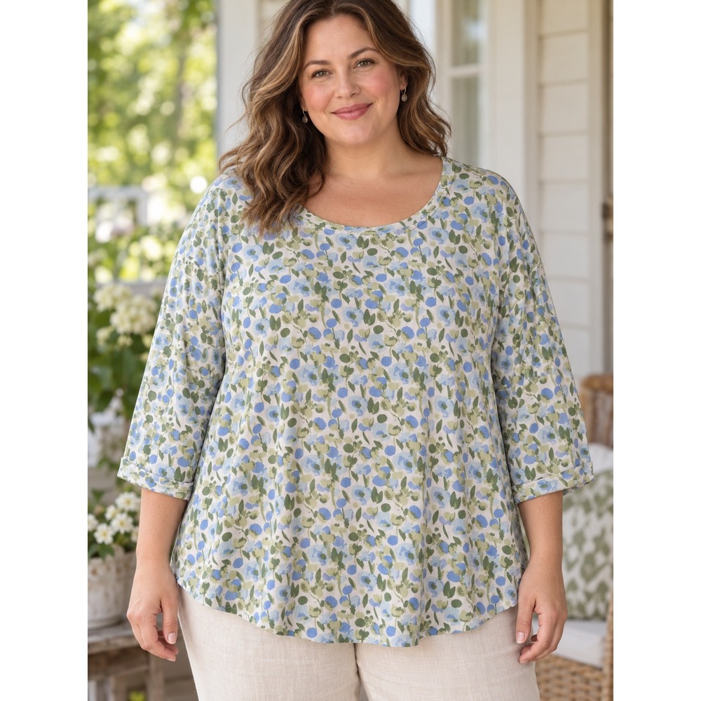 Crown & Ivy Floral Tunic Women 2X Blue Green 3/4 Sleeve Scoop Neck Knit Top